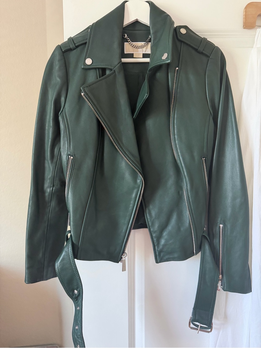 Michael Kors Women’s Dark Green Leather Moto Jacket